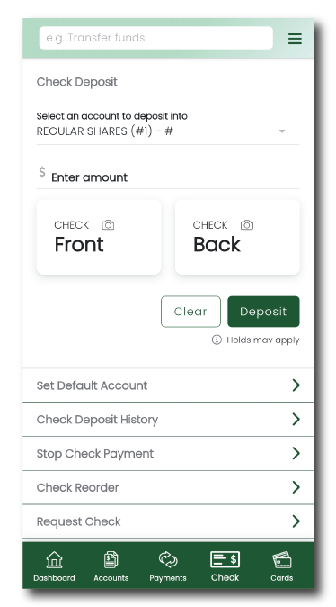 Deposit Checks on mobile app screenshot